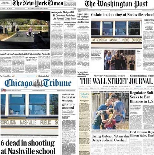 내슈빌의 한 기독교 학교 총격 사건을 보도한 미국 신문 헤드라인들.(사진출처=Christian Post)