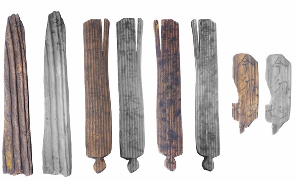  ▲대모산성 출토 목간 4점의 모습.(양주시·기호문화유산연구원 제공, 사진출처=연합뉴스)